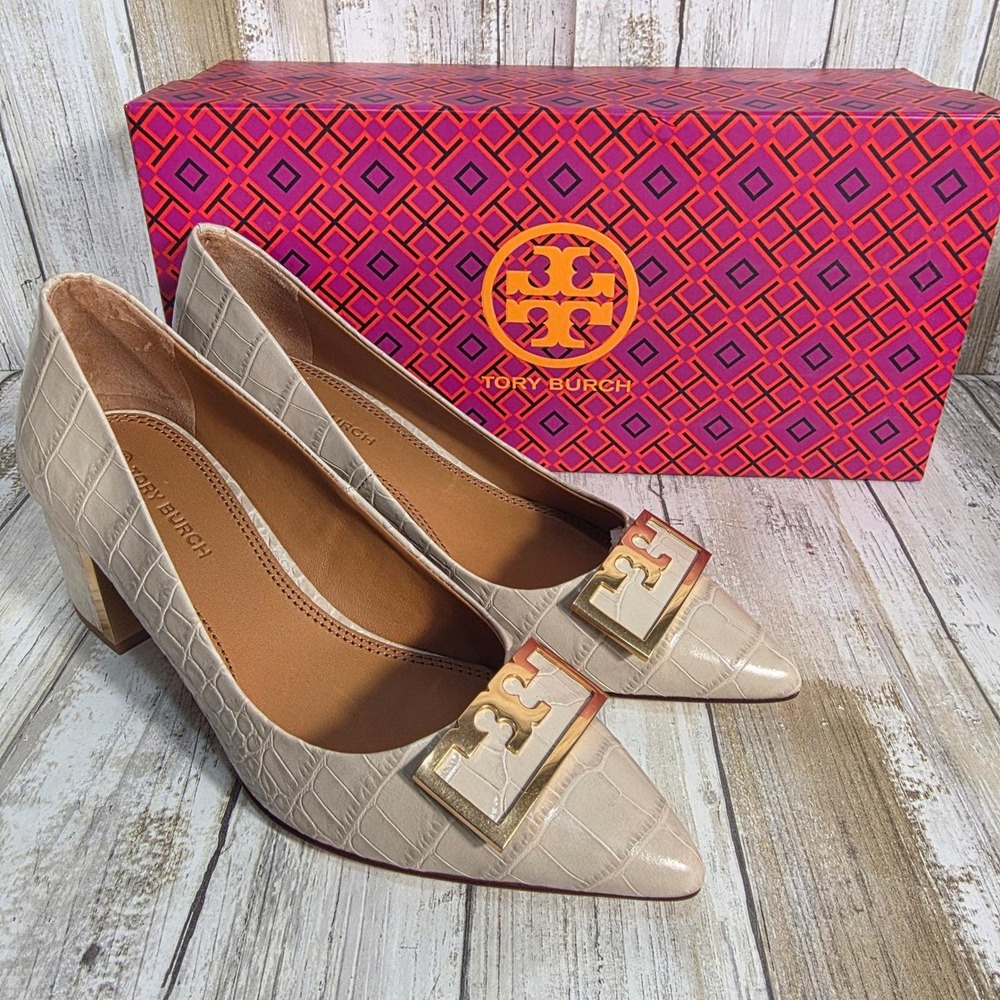 Tory Burch Eleanor Beige Croc Embossed Leather Pointed Toe Block Heel Pumps 5M - Picture 13 of 15